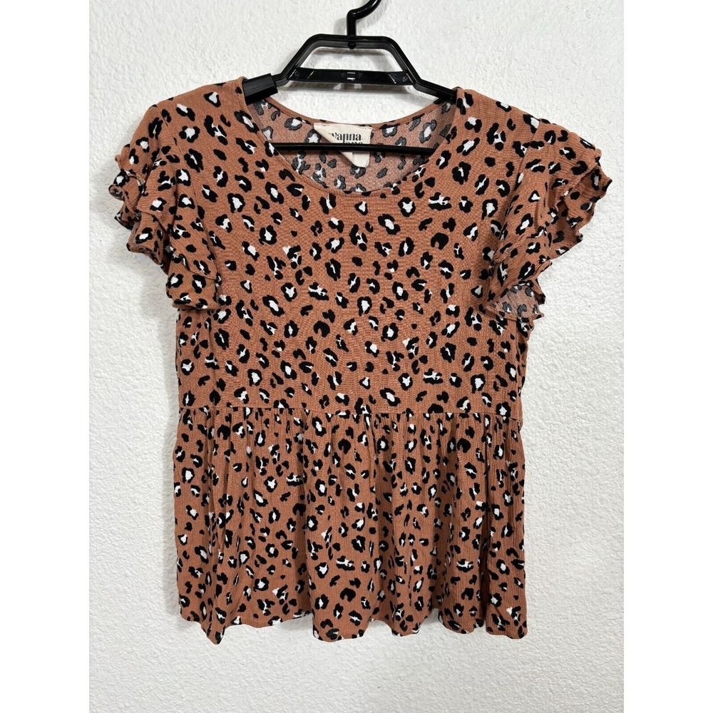 Savanna Jane Top Womens Small Brown Animal Print Flutter Short Sleeves Rayon